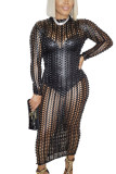 Black Fashion Sexy Adult Solid See-through O Neck Long Sleeve Ankle Length One-piece Suits Dresses