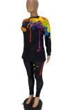 Black Fashion Casual Adult Polyester Print Split Joint O Neck Long Sleeve Regular Sleeve Regular Two Pieces