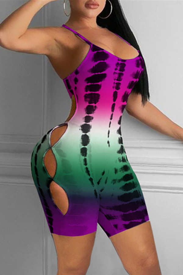 Purple Fashion Sexy Print Hollowed Out Backless Spaghetti Strap Skinny Romper
