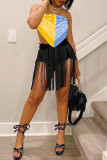 Powder Blue Fashion Sexy Patchwork Print Backless Strapless Tops