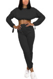 Grey Fashion Sexy Adult Polyester Solid Split Joint O Neck Long Sleeve Regular Sleeve Short Two Pieces