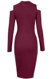 Maroon Fashion Sexy Off The Shoulder Long Sleeves O neck Pencil Dress Knee-Length Solid Paisley Patchwork
