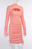Light Orange Fashion Sexy Solid Hollowed Out Turtleneck Long Sleeve Dresses