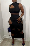 Black Fashion Sexy Solid Hollowed Out Half A Turtleneck Sleeveless Two Pieces