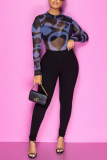 Black Sexy Print See-through O Neck Tops