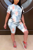 Orange Polyester Fashion Casual adult Patchwork Tie Dye Two Piece Suits pencil Short Sleeve Two Pieces