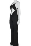 Black Sexy Solid Hollowed Out Split Joint Frenulum Backless Spaghetti Strap Skinny Jumpsuits