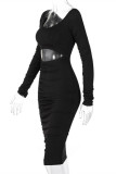 Black Fashion Sexy Solid Hollowed Out Fold O Neck Long Sleeve Dresses