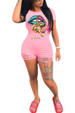 Pink Fashion street Print Burn-out Short Sleeve O Neck Jumpsuits