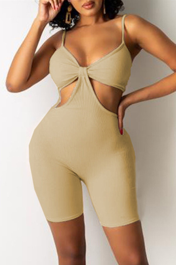 Beige Fashion Sexy Solid Hollowed Out Backless V Neck Skinny Romper