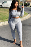 Grey Polyester Sexy ruffle Two Piece Suits Solid pencil Long Sleeve Two-piece Pants Set