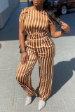 Yellow Fashion Casual Striped Print Basic O Neck Short Sleeve Two Pieces