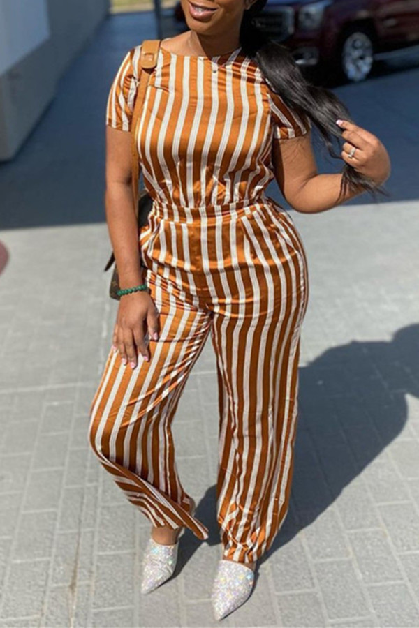 Yellow Fashion Casual Striped Print Basic O Neck Short Sleeve Two Pieces
