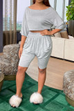 Grey Polyester Casual Solid pencil Half Sleeve Two Pieces