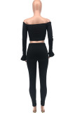 Black Fashion Casual Adult Solid Patchwork Strapless Long Sleeve Flare Sleeve Short Two Pieces