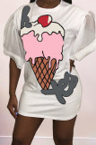 White Fashion Casual Print Patchwork O Neck T-shirt Dress