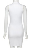 White Polyester Fashion Street Tank Sleeveless O neck Pencil Dress skirt Solid Dresses