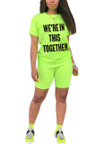 Fluorescent green Polyester Fashion Casual adult Ma'am Letter Print Two Piece Suits pencil Short Sleeve Two Pieces