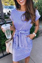 Colorful blue Cap Sleeve Short Sleeves O neck A-Line Knee-Length Striped Patchwork Dresses