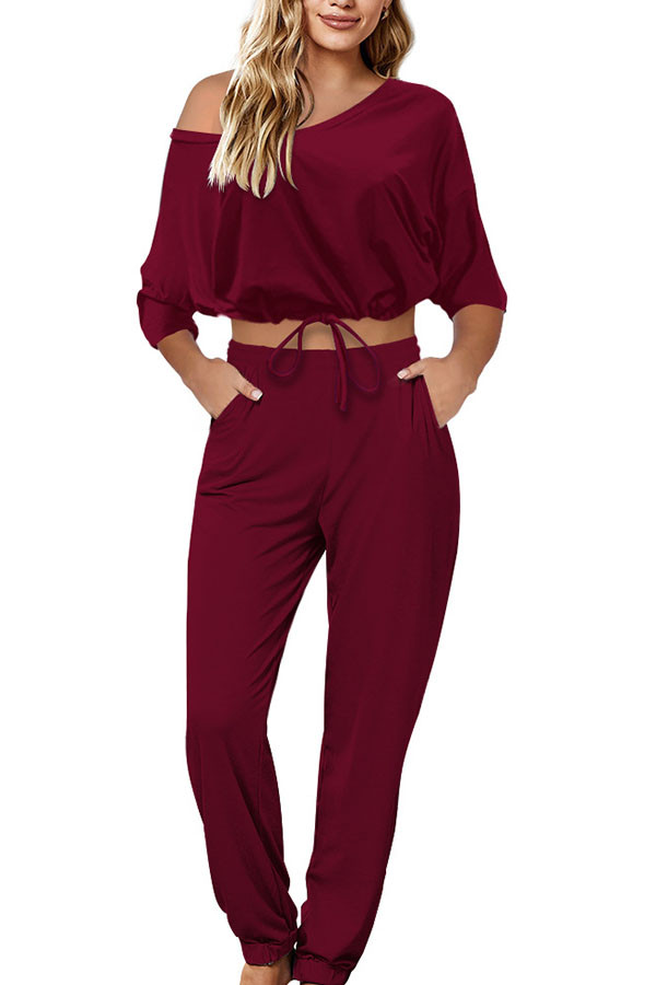 Wine Red Sexy Casual Solid V Neck Long Sleeve Regular Sleeve Short Two Pieces