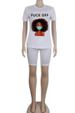 White Fashion Sexy adult Ma'am Letter Patchwork Print head portrait Two Piece Suits pencil Short Sleeve Two Pieces