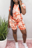 Orange Polyester Fashion Casual adult Ma'am Patchwork Print Two Piece Suits Straight Short Sleeve Two Pieces