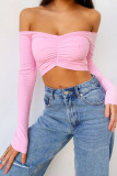 White Red Black Blue Pink Orange One word collar Long Sleeve Solid Tops