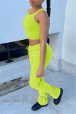 Fluorescent Green Casual Sportswear Solid Fold Pants O Neck Sleeveless Two Pieces