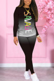 Black Fashion Casual Gradual Change Letter Print Basic O Neck Long Sleeve Two Pieces