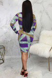 Multi-color Sexy Fashion Cap Sleeve Long Sleeves O neck Pencil Dress Knee-Length chain Patchwork Print Club Dre