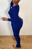 Blue Fashion Casual Solid Basic O Neck Long Sleeve Two Pieces