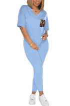 Blue Milk Silk Fashion Active adult Ma'am Patchwork Two Piece Suits pencil Short Sleeve Two Pieces