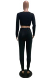 Grey Casual Solid Split Joint V Neck Long Sleeve Two Pieces