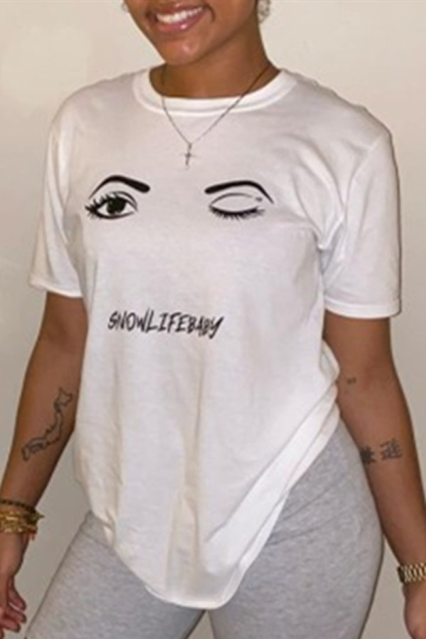 White Fashion Casual Print Basic O Neck T-Shirts