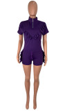 purple Blends Casual Solid Stringy selvedge asymmetrical ruffle pencil Short Sleeve Two Pieces