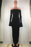 Black Polyester Fashion Sexy adult Patchwork Solid backless Draped Two Piece Suits pencil Half Sleeve Two Pieces