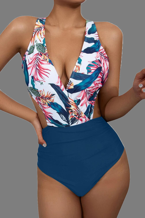 Blue Sexy Print Bandage Split Joint Swimwears
