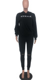 Red British Style Letter Print Ripped Hooded Collar Long Sleeve Two Pieces