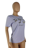 Purple Casual Print Patchwork O Neck T-Shirts