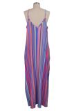 purple Polyester Sexy Fashion Tank Sleeveless Slip A-Line Floor-Length Print asymmetrical Striped Patchwork