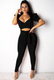 Black Polyester Fashion Sexy HOLLOWED OUT Patchwork Solid Straight Two-piece Pants Set