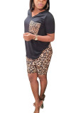 rose red Fashion adult Ma'am OL Leopard Patchwork Two Piece Suits Straight Short Sleeve Two Pieces