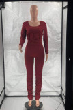 Wine Red Sexy Blending Solid Patchwork O Neck Long Sleeve Regular Sleeve Two Pieces