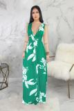 Green Polyester Sexy Fashion Tank Sleeveless V Neck A-Line Floor-Length Print Patchwork Club Dresses