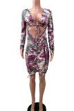purple Fashion Sweet Adult Milk Fiber Print Frenulum Backless Fold V Neck Long Sleeve Mini Printed Dress Dresses