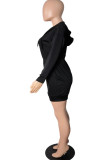 Pink Fashion Casual Adult Twilled Satin Solid Draw String Hooded Collar Long Sleeve Knee Length Waist Skirt Dresses