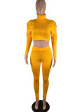 Yellow Casual Sportswear Polyester Solid Turtleneck Long Sleeve Pile Up Sleeves Regular Two Pieces