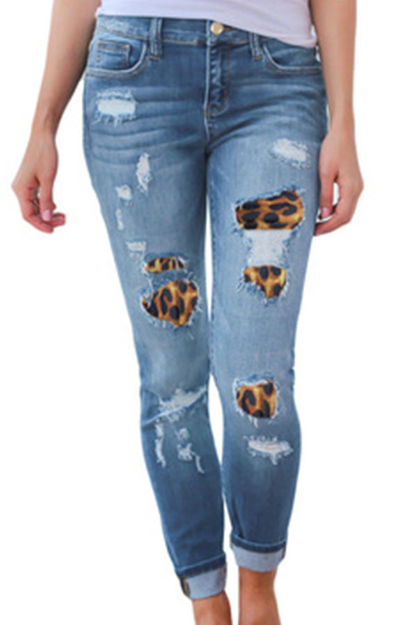 Light Blue Casual Street Patchwork Print Leopard Ripped Make Old Split Joint Patch Pants Basic Mid Waist Skinny Denim