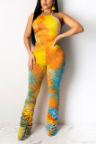 Yellow Fashion Light Print Patchwork Tie-dyed Draped Sleeveless Slip Jumpsuits