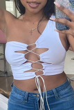 White Sexy Street Solid Split Joint Frenulum One Shoulder Tops